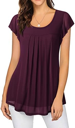 Furnex Tunics for Women,Dressy Blouses for Women Work Casual Formal Tunic Tops Spring Short Sleeve Tunic Tops for Leggings Loose Fit Pleated Mesh Blouse Floral Tops Summer Dark Red XXL