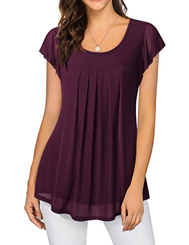 Furnex Tunics For Women,Dressy Blouses For Women Work Casual Formal Tunic Tops Spring Short Sleeve Tunic Tops For Leggings Loose Fit Pleated Mesh Blouse Floral Tops Summer Dark Red Xxl #TOP8