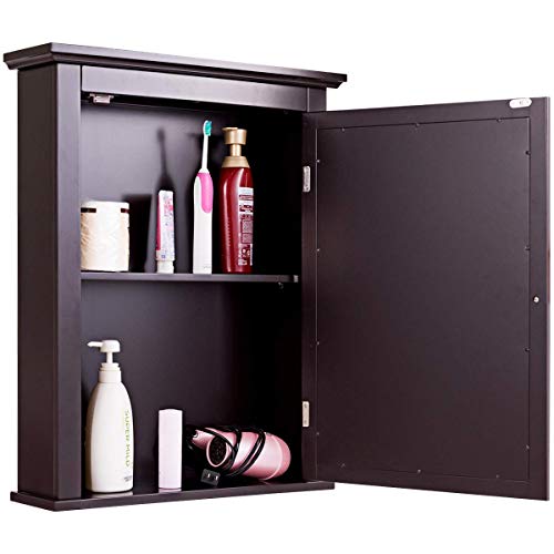 Tangkula Bathroom Cabinet With Mirror, Mirrored Wall-Mounted Storage Medicine Cabinet With Single Door & Adjustable Shelf In 5 Positions, Multipurpose Wall Cabinet For Bathroom Vestibule (Brown) #TOP6