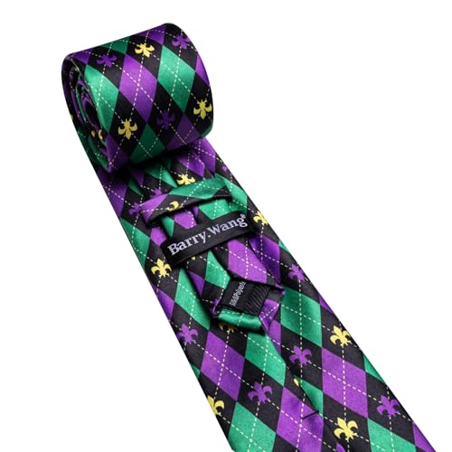 Image of Barry.Wang Plaid Ties Mens Silk Necktie and Tie Clip Checkered Tie for Wedding Party Business Formal