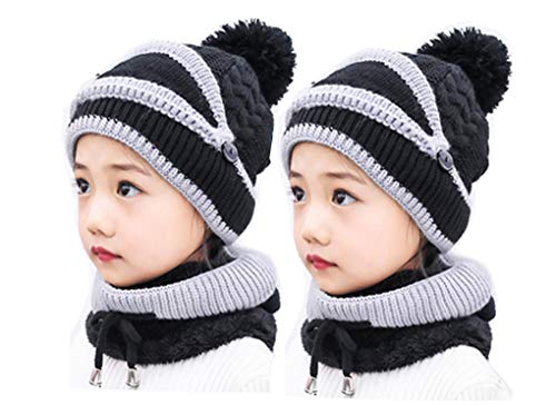3 In 1 Winter Knitted Beanie Hat Scarf Mouth Mask Set For Girls Boys Kids, Warm Fleece Lined Ski Cap With Pompom Neck Warmer (Black) #TOP3