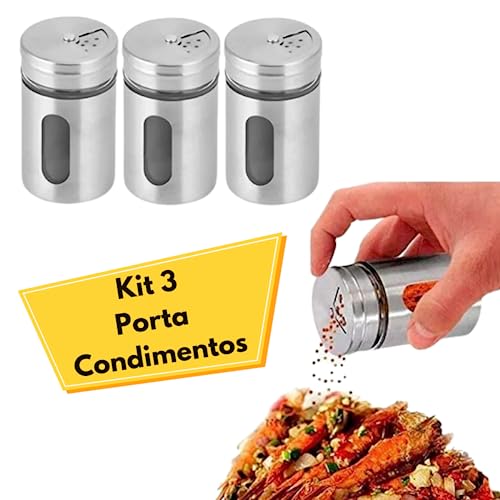 Porta Condimentos Saleiro Pimenteiro 80ml Vidro com Inox Kit 3 Peças