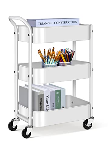 Image of AOODA 3 Tier Under Desk Metal Rolling Cart With Handle and Lockable Wheels, 27'' Height Small Book Mobile Art Storage Organizer for Office, Bathroom, Kitchen, Nursery (White)
