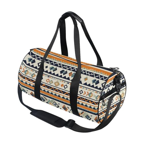 Aztec Print Sports Duffel Bag Full Print Polyester Barrel Gym Bag with Side Zipper Pocket, Detachable Shoulder Strap for Gym Sports Fitness and Short-Term Travel Use