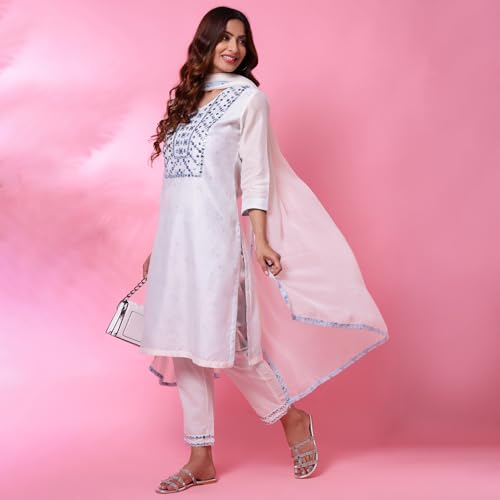 Image of BIBA WOMEN EMBROIDERY NARROW SALWAR KURTA DUPATTA(SKD7402E OFF WHITE 42)
