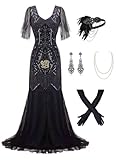 RED DOT BOUTIQUE 879A - Plus Size 1920s Vintage Fringed Gatsby Sequin Tassels Flapper Party Cocktail Maxi Long Dress with Accessories (Black Black, 4X)