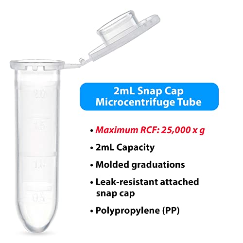 Globe Scientific 111568 Polypropylene Graduated Microcentrifuge Tube With Snap Cap, 2Ml Capacity, Round Bottom, Natural (Pack Of 1000) #TOP1