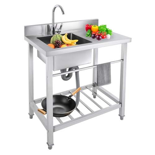 Évier Cuisine Inox, Évier sur Pied Professionnel 1 Bac avec Plan de Travail et Robinet Pivotant 360°, Évier Autoportant Acier Inoxydable pour Restaurant...