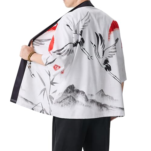 Image of PRIJOUHE Men's Lightweight Kimono Jacket Seven Sleeve Open Front Cardigan Coat Japanese Style Bathrobe