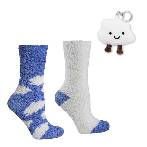 2 Pairs Fluffy Cloud Socks with Non-Skid Bottoms | Lavender & Shea Butter Infused, with a Lavender Scented Velvet Sachet | Periwinkle