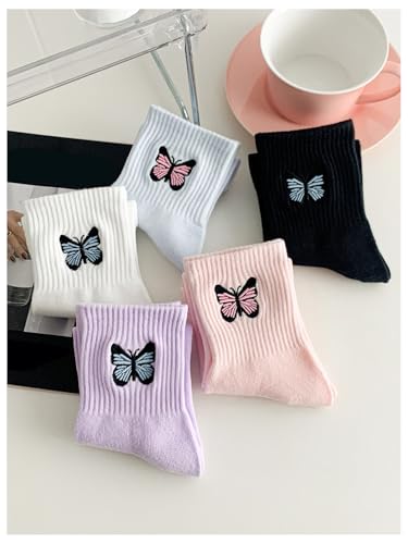 OYOANGLE Women's 5 Pairs Butterfly Embroidery Crew Socks Set Comfortable Ribbed Sock4