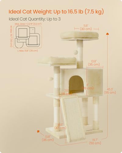 Image of Feandrea Cat Tree, 45.3-Inch Cat Tower, Plush Condo Scratching Post, Beige | 45.3-Inch Cat Tower, Plush Condo with Scratching Post, Ramp, Perch, Spacious Cave, Beige