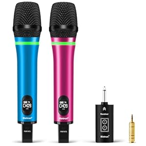 Bietrun Rechargeable Wireless Microphone, Dual Metal Cordless Handheld Dynamic Wireless Mics with Bluetooth, UHF 240FT Range, for 1/4”,1/8”Output,PA System,Dj,Mixer,Church(Blue＆Pink)