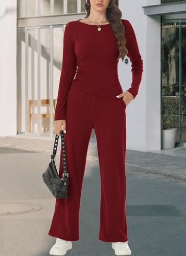 Women's Fall Two Piece Outfits Asymmetrical Long Sleeve T Shirt Wide Leg Pants Lounge Sets for Women Casual Tracksuit4