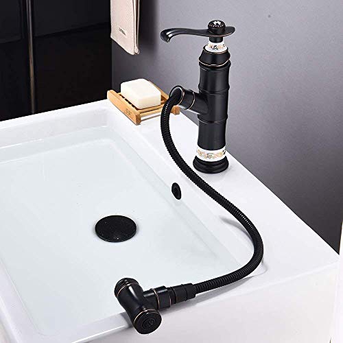 Robinet noir extractible en cuivre eau chaude et froide pour évier de bain