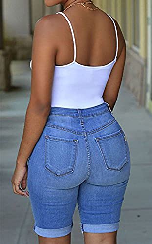 Roswear Women's Ripped Denim Mid Rise Stretchy Bermuda Shorts Jeans Light Blue Xl #TOP1