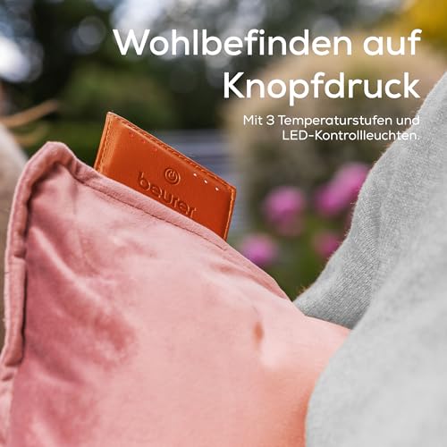 Beurer Heaty Heizkissen, kabelloses Heizkissen mit Akku, Wärmekissen mit Abschaltautomatik und 3 Temperaturstufen, mit Schnellheizung, weicher Samtstoff, blush-rose/rosa