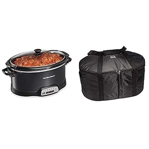 Hamilton Beach Portable 7-Quart Programmable Slow Cooker With Lid Latch Strap, Black (33474) & Hamilton Beach Travel Case & Carrier Insulated Bag for 4, 5, 6, 7 & 8 Quart Slow Cookers (33002),Black