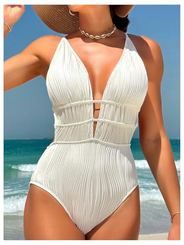 WDIRARA Women's Textured Deep V Neck One Piece Swimsuit Criss Cross Tie Backless Swimwear2