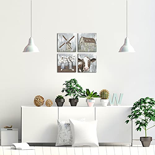 Ouelegent 4 Piece Farmhouse Canvas Wall Art Rustic Cow Dutch Windmill Cotton Flower Picture Artwork Modern Countryside Printed Painting For Living Room Kitchen Decor Framed Ready To Hang 12X12 Inch #TOP4
