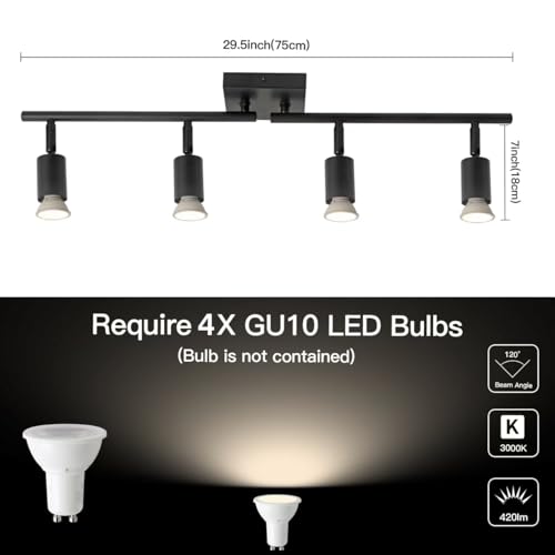 Image of 4-Light GU10 Track Lighting, Black Adjustable Ceiling Spot Light Kit, Industrial Flush Mount LED Track Light for Kitchen, Hallway, Living Room