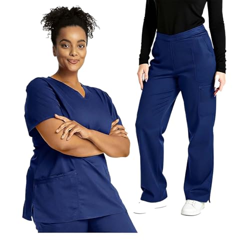 Image of 2026 Scrub Set for Women, Modern Classic V-Neck Scrubs Top with Straight Leg Pant Multi Pockets Housekeeping Uniform