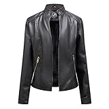 YYNUDA Damen Lederjacke mit Stehkragen PU-jacke Flieger Motorrad schicke Retro Übergangsjacke Schwarz L