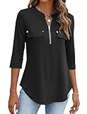 Halife Womens Tops Dressy Casual 3/4 Sleeve Collared Zipper Shirts Work Blouses Summer Fashion Black M