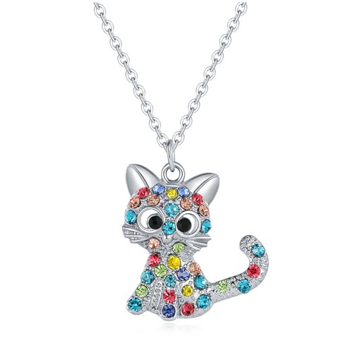 Image of SANNIDHI Cat Necklace for Girls Women Kids with Alloy Kitty Pendant Adjustable 18+2.4 Inch Chain Rhinestone Cat Charm Jewellery Gift for Girls, Women