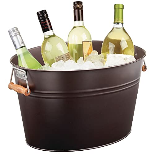 Mdesign Large Metal Beverage Tub Oval Cooler For Beer, Wine, Ice, And Drinks - Portable 4.75 Gallon/18 Liter Cold Drink Trough For Parties - Steel Bin Bucket Stand With Bamboo Handles, Bronze #TOP4