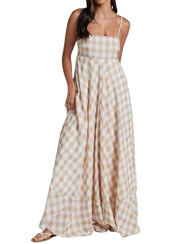 Achlibe Kariertes Maxikleid für Damen, ärmellos, Spaghettiträger, quadratischer Ausschnitt, Boho-Rüschen, A-Linie, Strandkleid, Sonnenkleider,...
