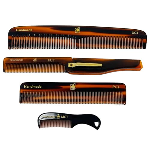 Handmade Tortoise Shell Comb Set – Pack of 4 Premium Fine-Tooth Combs for Men & Women – Includes Pocket, Folding, Dressing & Mustache Combs – Stylish Hair & Beard Grooming Kit