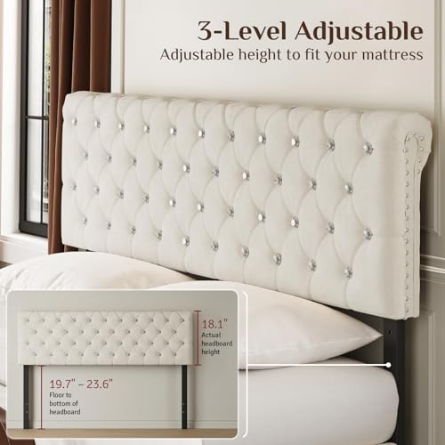 Belffin Queen Bed Frame with Storage Drawer and Diamond Adjustable Tall Headboard, Modern Velvet Platform Bed Frame with Wingback Design, No Box Spring Needed, Easy Assembly, White - Thumbnail 3