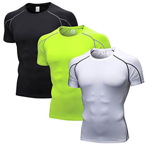 ZENGVEE Compression Tops for Men Shorts Sleeve Cool Dry Mens Running Shirt High-Elastic Mens Compression Top .(1053Black White Yellow-S)