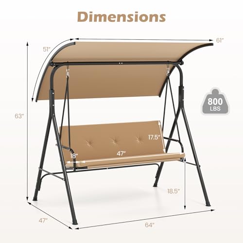 Image of Tangkula 2 Person Porch Swing, Outdoor Swing with Removable Cushions, Solid Metal Structure, Patio Swing with Adjustable Canopy for Garden, Backyard, Balcony, Poolside