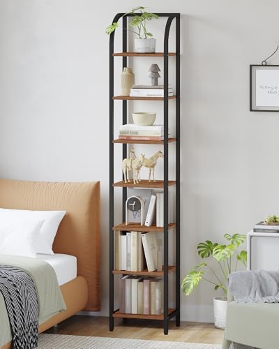 Hzuaneri Bookshelf Narrow Bookcase, Tall Storage Rack with Steel Frame, Display Standing Shelf Unit, Skinny Book Shelf for Study Living Room, Home Office, Industrial, 7-Tier Rustic Brown BC57701B - Thumbnail 5