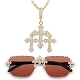 Men’s Iced-Out Triple Cross Set – Frameless Sunglasses with Matching Necklace, Luxury Gift for Him - Gold Brown Finish