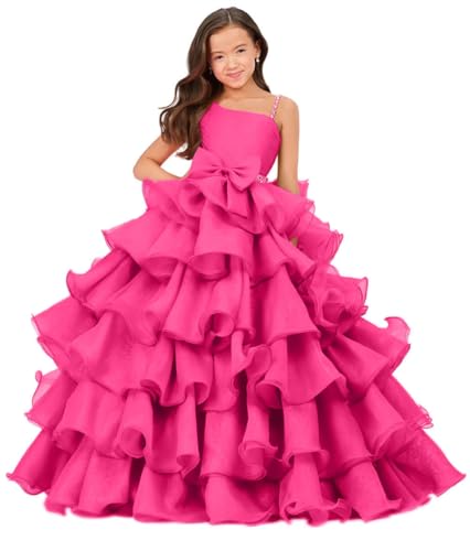Pageant Dresses for Girls One Shoulder Dress Organza Ruffles Poof Party Dress for Girls Ball Gown