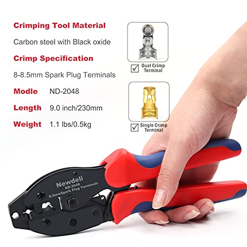 Image of Spark Plug Wire Crimper, Newdeli Crimping Pliers for Spark Plug Stripping Tool, ND-2048 for Crimping and Stripping Spark Plug Wire, Dia 8.0-8.5mm,Ratchet spark plug wire crimping tool