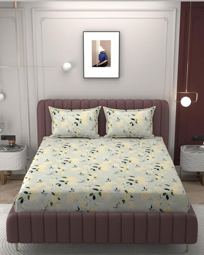 Image of 380 TC Premium Glace Cotton Elastic Fitted Bedsheet King Size with 2 Pillow Covers King Size | Double Bed with All Around Elastic (Green Floral, Fitted - 72 inchx78 inch King)