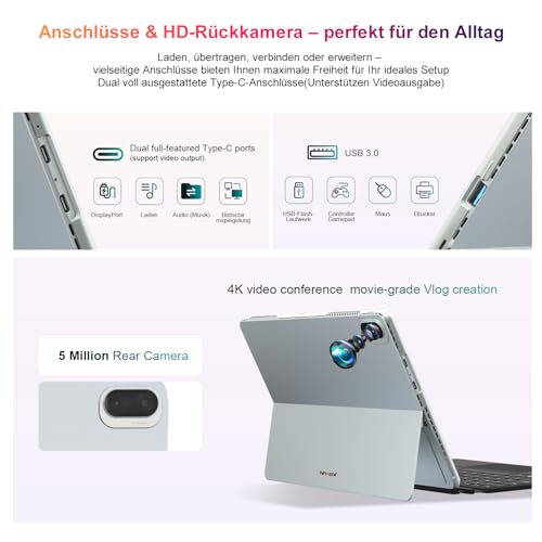 Ninkear 2-in-1 Laptop, 13 2.5K Touchscreen mit Tablet, Intel Ultra 5 115U AI CPU (Bis zu 4,2GHz), 16GB LPDDR5, 1TB SSD, Intel Grafik 1.8GHz, Wi-Fi 6, RGB Tastatur, Win11 Laptop für Arbeit und Reisen