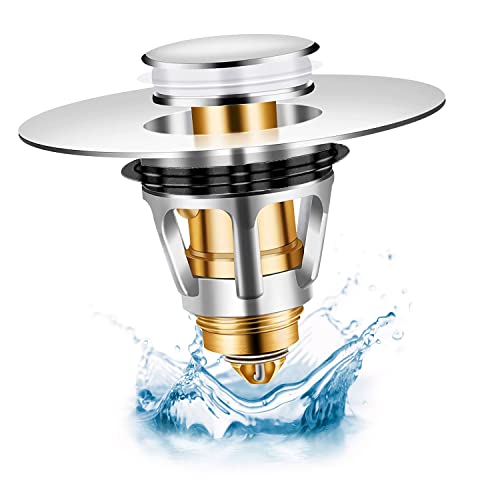 MiDube Universal Bathtub Stoppers Bathroom Sink Stopper & Seal Rubber Ring Unblocked Drainage Pop-up Sink Drain Plug 1.10-1.31” Stainless Steel Core Push Type for Filter Basket Standard 1.25” Hole