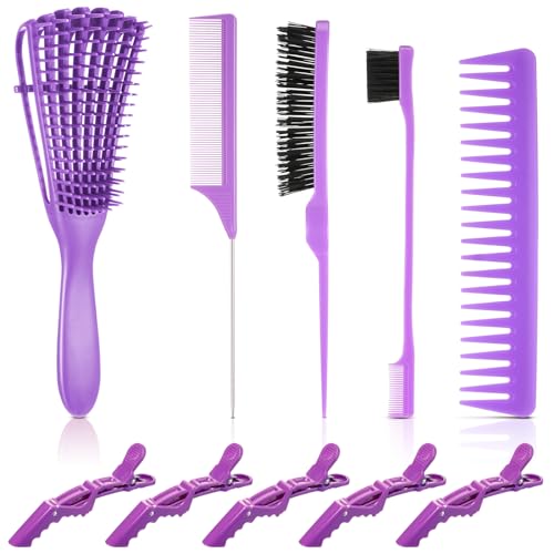 Boao 10 Pcs Hair Styling Kit for Women & Girls: Wide Tooth Comb, Detangler & Teasing Edge Brush, Rat Tail Comb, Alligator Clips for Curly Hair - Gift Set (Purple)