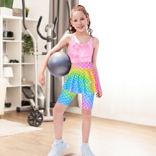 Girls Knee Length Skirt Shorts Capri Leggings Mermaid Unicorn Kids Summer Pants Footless Tights with Ruffle Skirt 2 Packs4
