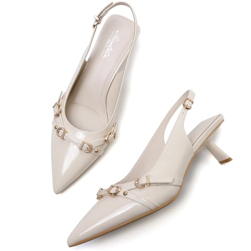 Image of Mostrin Kitten Heels for Women Pointed Toe Pumps Patent Leather Low Heel Slingback Heels with Buckle Dress Shoes for Dating Party Working