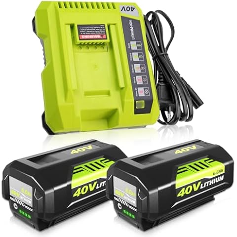 2 Pack 6.0Ah 40 Volt Replacement for Ryobi 40V Battery and Charger Kit Compatible with Ryobi 40 Volt Battery Lithium OP4040 OP40401 OP4026 OP40261 OP4050 OP40201 OP40601 (Green) Cover