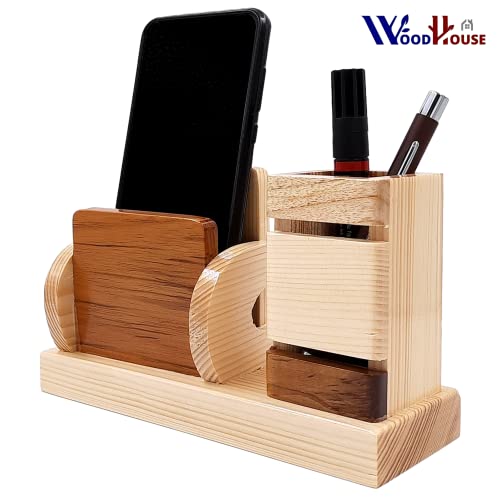 Image of WOOD HOUSE Wooden Pen Stand with Card Holder /Study Table, Pen Holder for Office Table Stylish for Office & Student Desk (Pen Stand with Pen Holder)