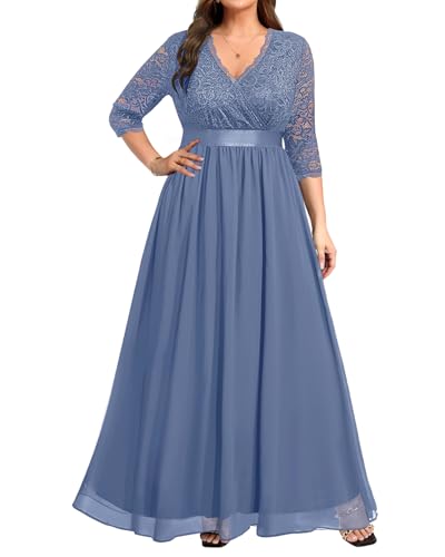 Image of Pinup Fashion Wedding Dresses for Bride Plus Size - Formal Evening Gown Wrap Neck Lace Chiffon Long Dress
