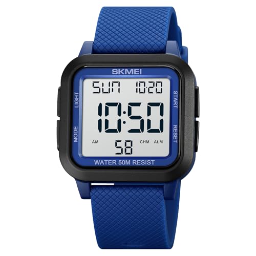 SKMEI �����Y �f�W�^���X�|�[�c�E�H�b�` �����^��^�t�F�C�X�h���r���v �X�g�b�v�E�H�b�` �J�E���g�_�E���^�C�}�[ �A���[���@�\ �f���A���^�C�� LED�o�b�N���C�g�t��, �u���[�z���C�g, 1.89*1.57*0.43 inch, �X�|�[�c