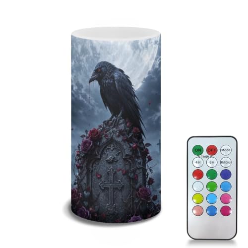 Image of Poceacles Flameless Light Candles Battery Operated Candles with Color Changing Timer Remote Control Tealights for Home Beach Dinner Party Banquet Decor, Crow Rose Cross Grave Print